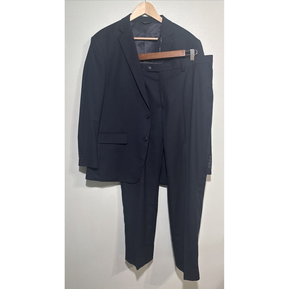 Mens Angelo Rossi Navy Blue 2 Piece Suit Size 46R  Pants 38x30 Hand Tailored EXC